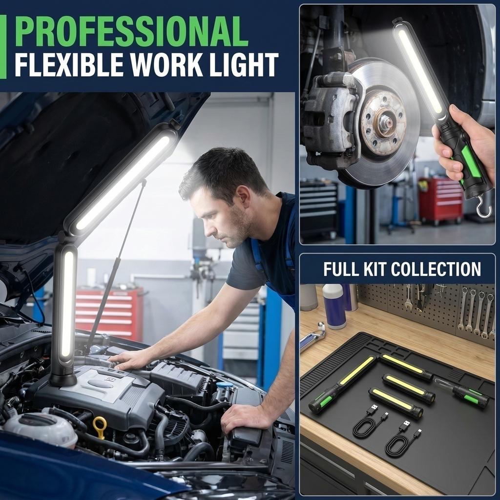 Portable LED Work Light Rechargeable Inspection Lamp Handheld Magnetic Base Adjustable Brightness for Auto Repair Maintenance and Emergency Use