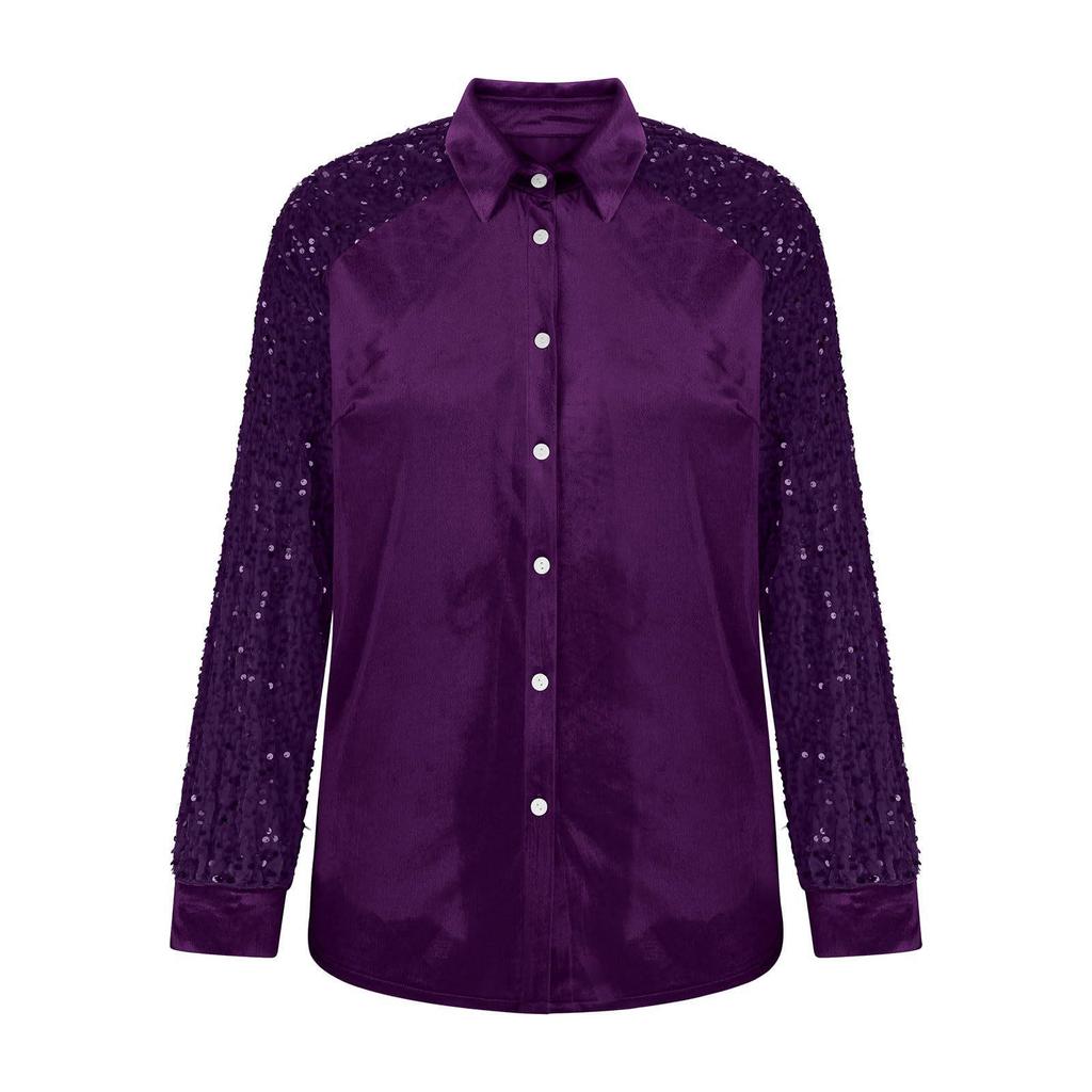 Haut Européen en Velours pour Femme avec Patchwork Manches à Sequins, Collection 2025