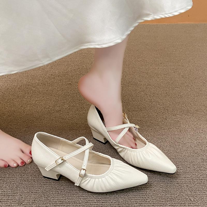 

Fashion Block Heel Single Shoes Autumn New Pointed Toe Shallow Mouth Pleated Slip Strap Soft Sole Anti-slip Wear-resistant High Heels 35 бежевый