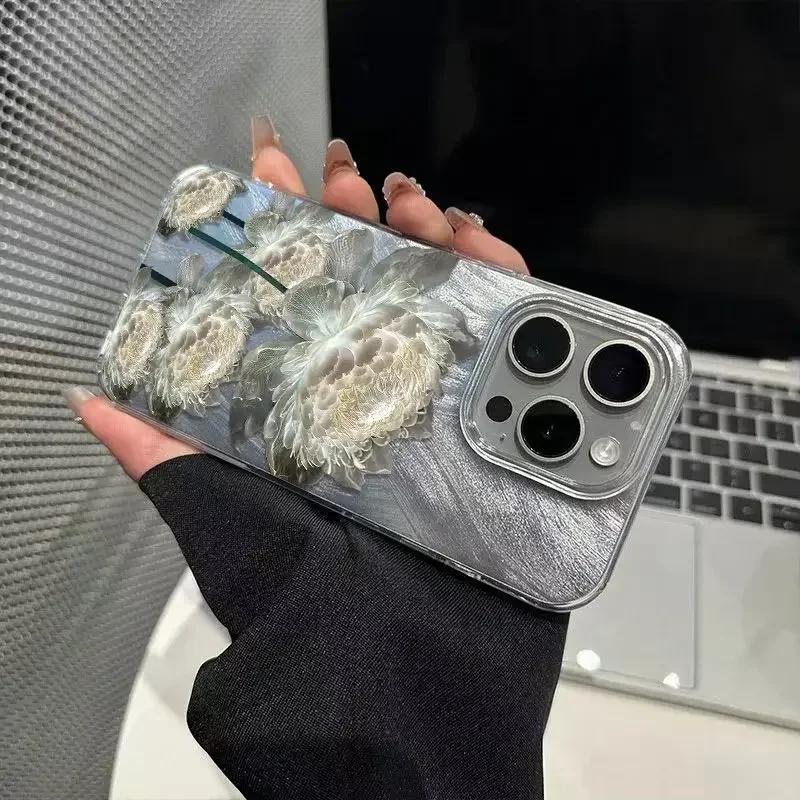 IPhone 11 13 14 15 16 Pro Max 7 8 14 15 Plus X XS Max XR 16e için Beş Altın Lotus Desenli Telefon Kılıfı Tüy Doku Sert Kapak