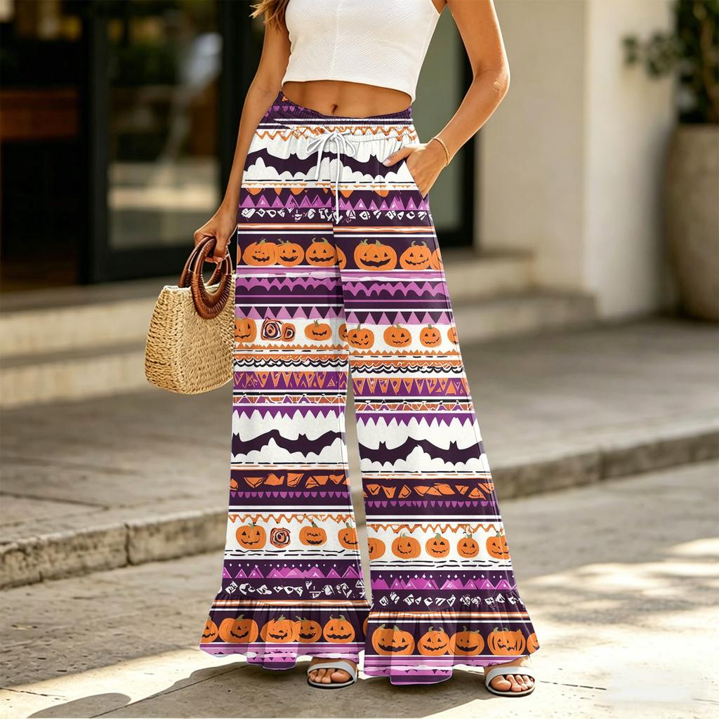 Women Wide Leg Pants High Waist Drawstring Loose Fit Halloween Print Long Casual Trousers with Pockets and Ruffle Hem