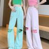 Women's Light Pink Distressed Wide-Leg Jeans - High-Waisted, Loose, Versatile, Straight-Leg, Floor-Length Summer Pants