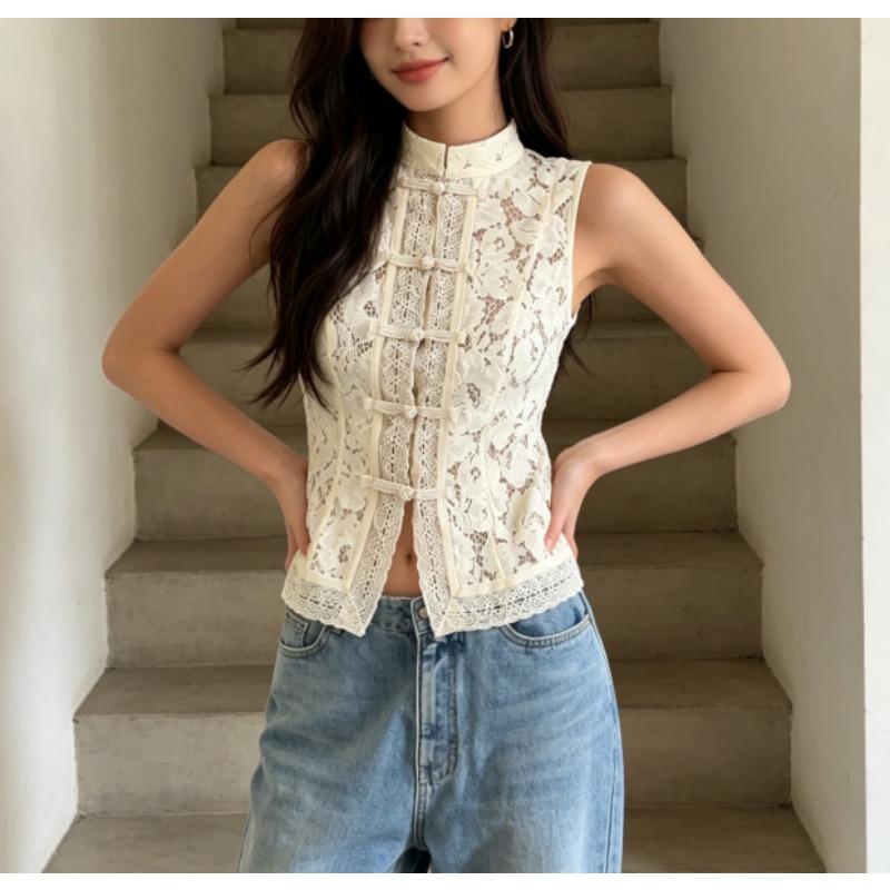 Women Spring Summer New Lace Crochet Stand Collar Slim Fit Blouse Stylish Elegant Commuter Design Shirt