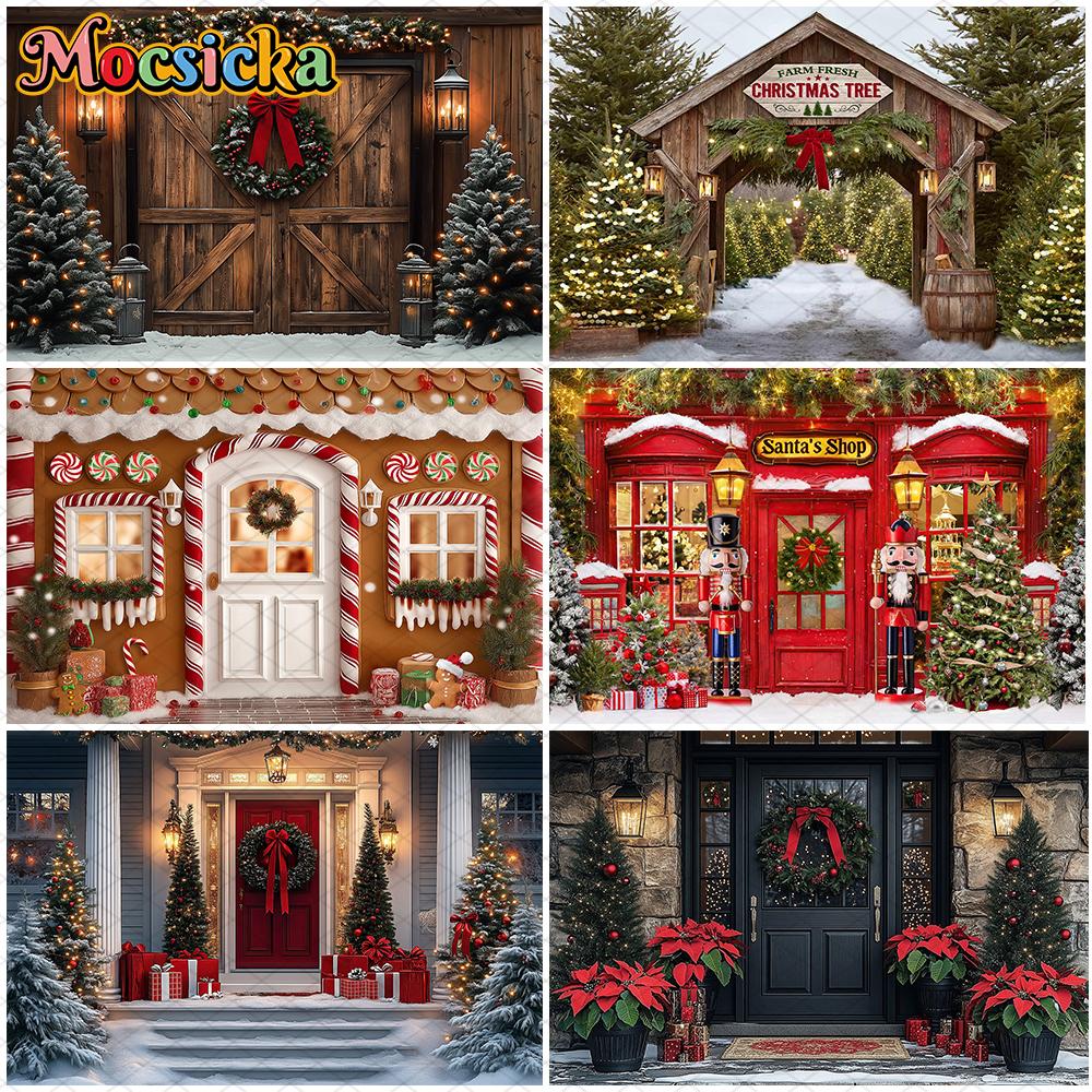 Mocsicka Christmas Door Photography Background Xmas Tree Pattern Decorations Adult Children Photo Backdrops Holiday Party Banner