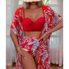 Women Slim Fit Maple Leaf Print Three Piece Bikini Swimsuit For Island Vacation