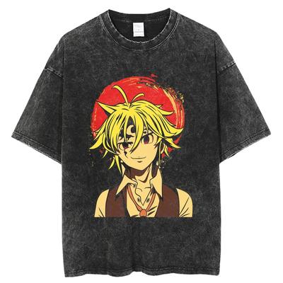 Herren Streetwear Schwarz Gewaschenes T-Shirt Anime Bedrucktes T-Shirt Baumwoll-T-Shirt Sommer Kurzarm Vintage Oberteile T-Shirts