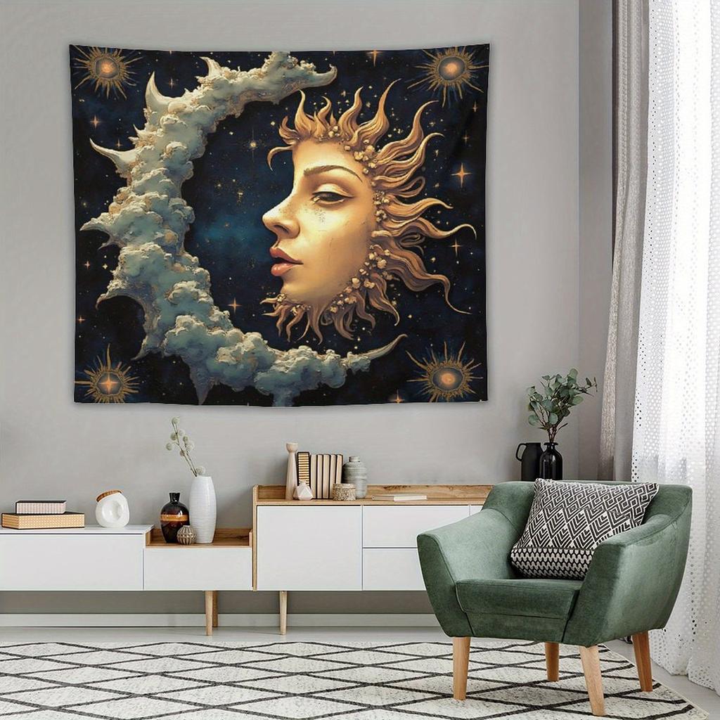 Sun and Moon Tapestry Psychedelic Mystical Floral Tapestry Hippie Bohemian Floral Plant Wall Hanging Vintage Aesthetic Tapestry