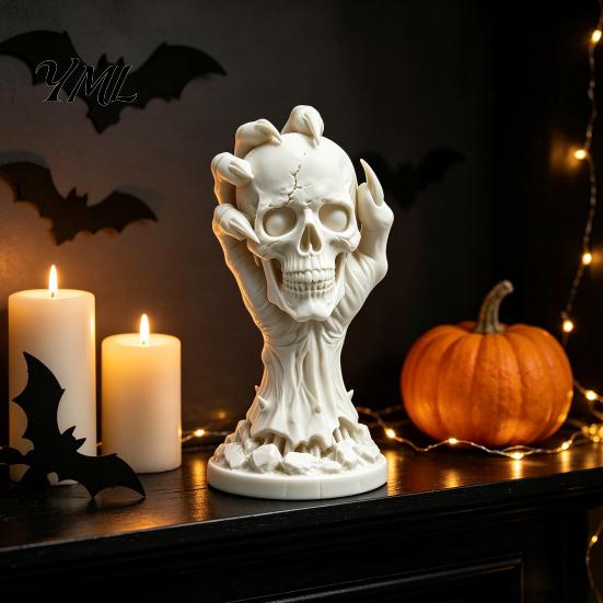 DIY Paintable Craft Kits 3D Printed Skull & Devil Hand Figurine, Realistic Holding Gothic Home Ornaments Statue, Desktop Ornament for Halloween
