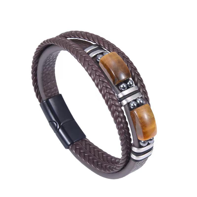 Men's Double Layer Leather Bracelet with Tiger Eye Stones