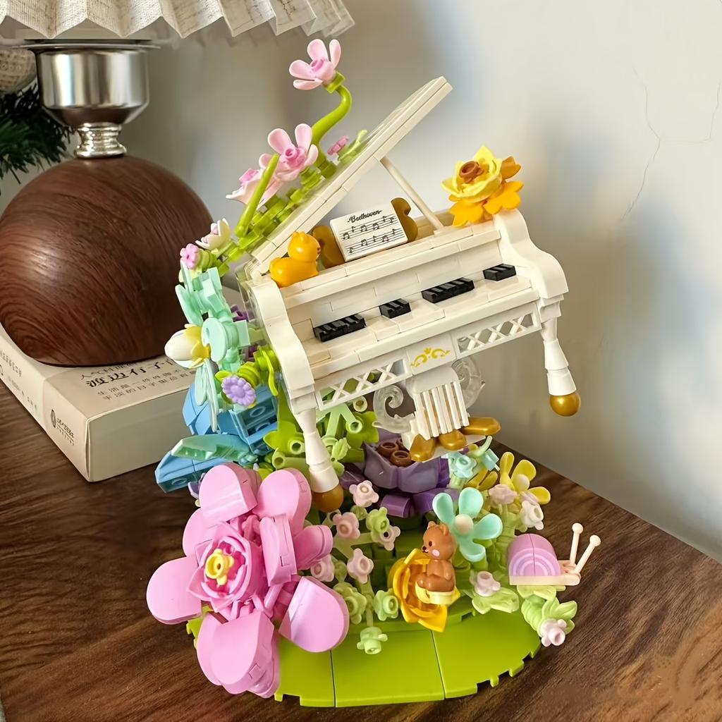 White Piano Flower Building Block Set, Decorative Items For Living Room, Room, Office, Christmas, Valentine'S Day, Halloween, New Year, Birthday Gifts