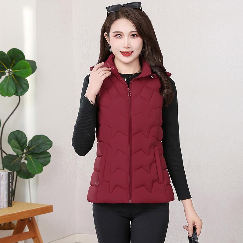 

Жіночий приталений пуховий бавовняний жилет з капюшоном - Легкий, Короткий, Без рукавів, Зимова куртка в корейському стилі. 3XL червоний