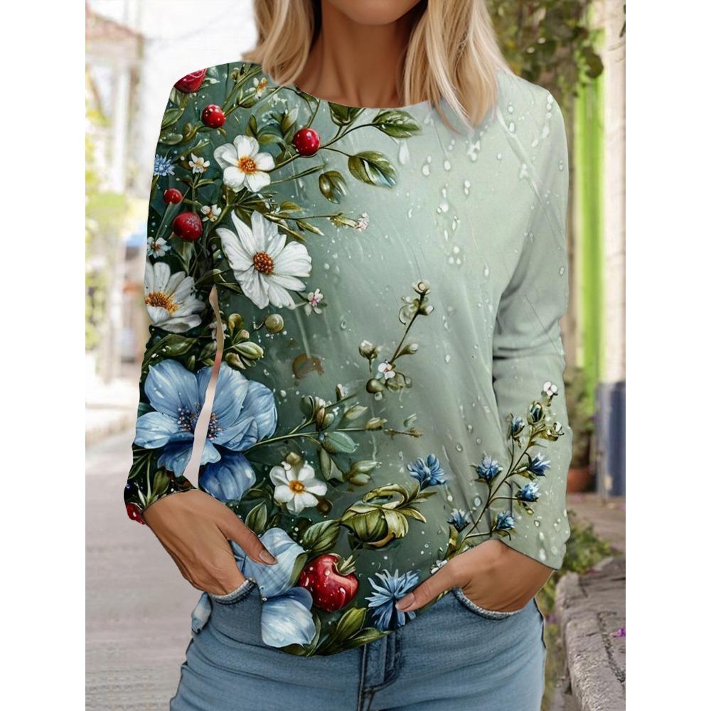 Women's 3D printed flower T-shirt, fashionable long sleeved round neck regular top, holiday weekend blue spring and autumn outfit