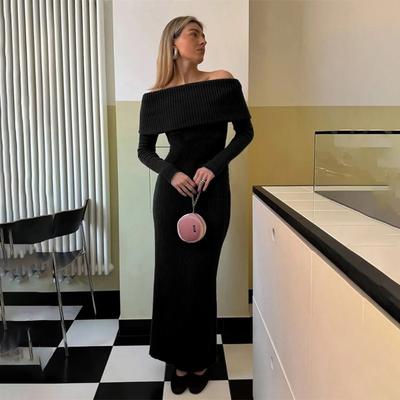 Off Shoulder Casual Dress Knitwear Maxi Dress Female Slim Elegant Fashion Autumn 2025 Ribbed Knit Dress For Women Long Dress