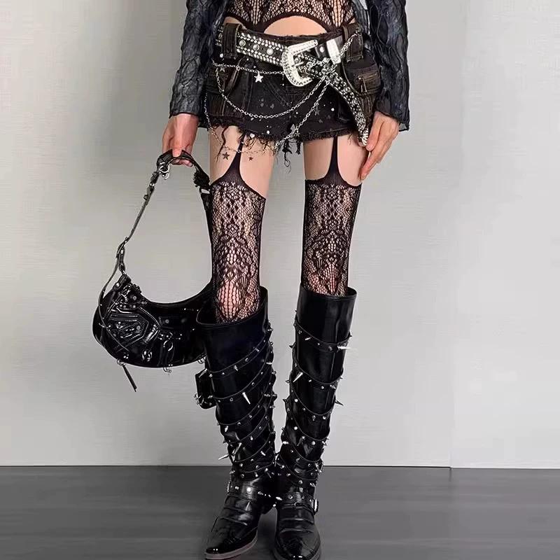 Neue Damen Sexy Durchsichtige Netz-Strumpfhose mit Strumpfhaltern Strumpfhalter Strumpfhose Ausgeschnittenes Blumenmuster Oberschenkelhohe Strümpfe gray
