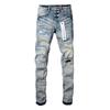 Mens Slim Fit Distressed Denim Jeans With Embroidered Patch Vintage Ink Wash Stretch Cotton Streetwear Style