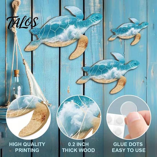 No Drill Wall Art 3Pcs Wooden Turtle Art, Ocean Theme Hanging Ornaments for Bathroom Coastal Resort Living Room Bedroom, Beach Style Decorations with