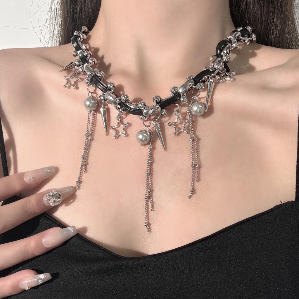 Y2K Gothic Style Black Beaded Cross Necklace & Cool Girl Sweatshirt Accessory