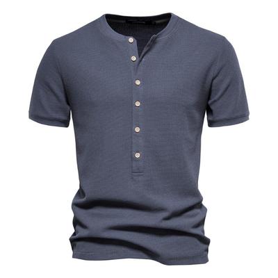 Bawełniany T-shirt Męski w Jednolitym Kolorze Casualowy z Krótkim Rękawem Waflowy Henley T-shirt dla Mężczyzn Nowe Letnie Markowe Topy Tee Męski
