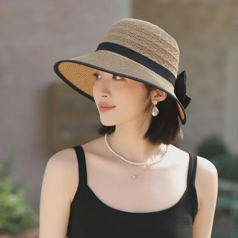 Korean Style Knitted Straw Hat for Women - Spring & Autumn Fashion, All-Match Sun Hat with Bow