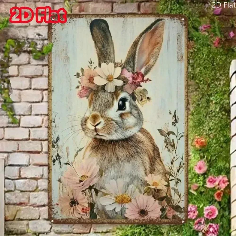 Bar tin painting BUNNYBLOSSOM Vintage Bunny with Floral Wreath Metal Tin Sign - Rustic Iron Wall Art for Home