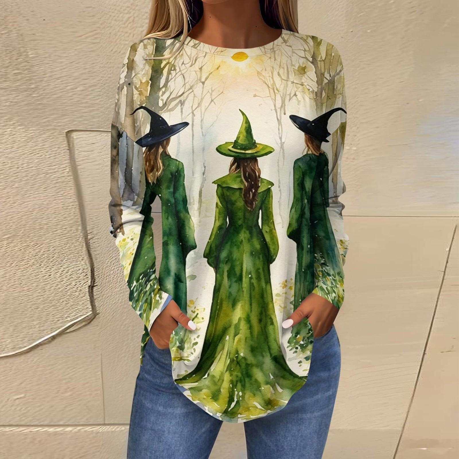 Women s Halloween Printed Long Sleeve T-Shirt Loose Fit Round Neck Vintage Asymmetrical Pullover Top M