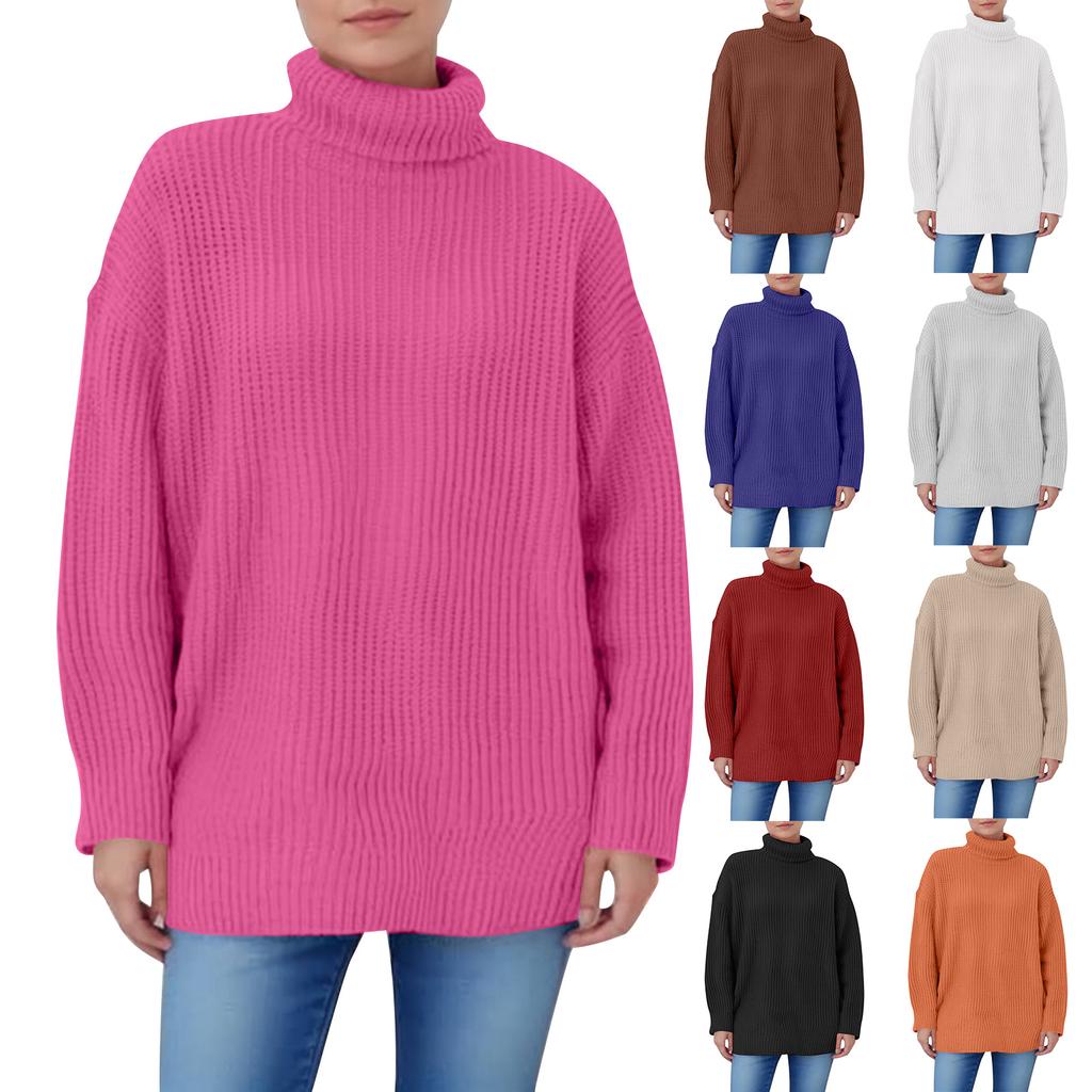 Women's Solid Color High Neck Long Sleeved Knitted Sweater Top Loose Sweater