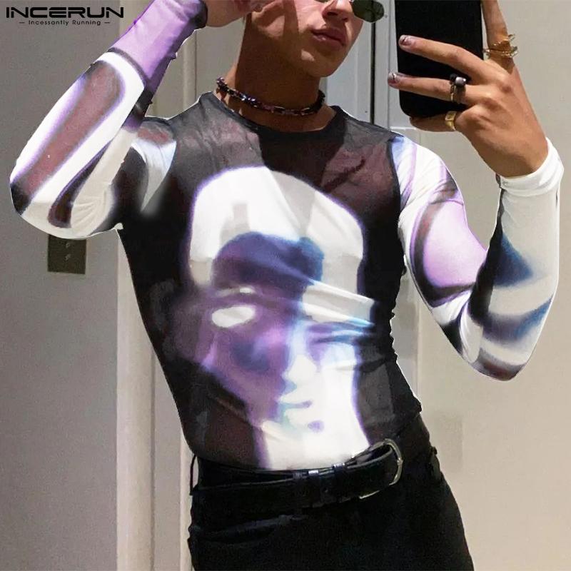

INCERUN Летние мужские прозрачные сетчатые топы с принтом узкого кроя