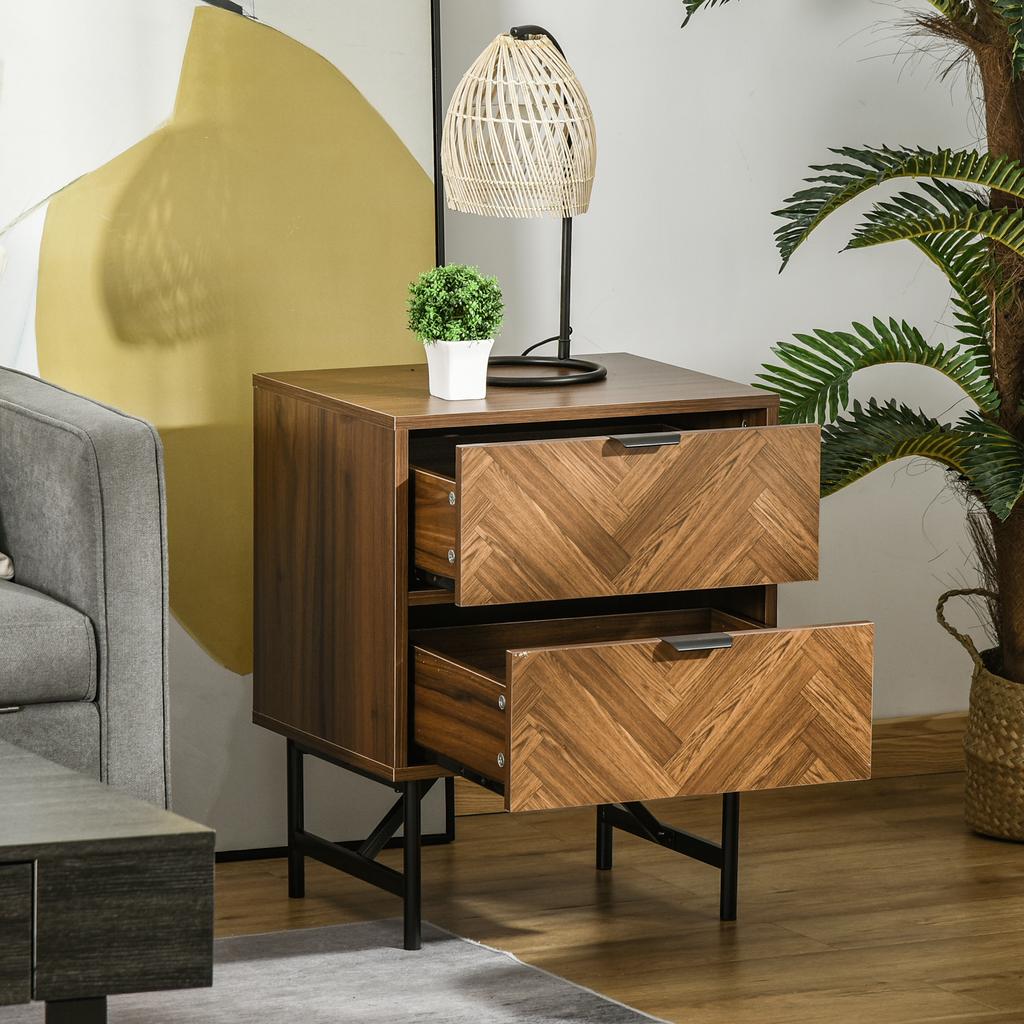 Bedside Table with Two Drawers, Side Cabinet Storage Unit with Metal Handles, Organisation Furniture for Living Room, Bedroom, Walnut Brown