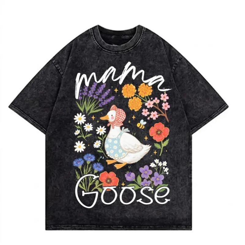 Boho Vintage Washed Letter Floral Print T-Shirt Retro Mother's Day Bow Graphic Tee Casual Loose Fit Short Sleeve Tops for Women