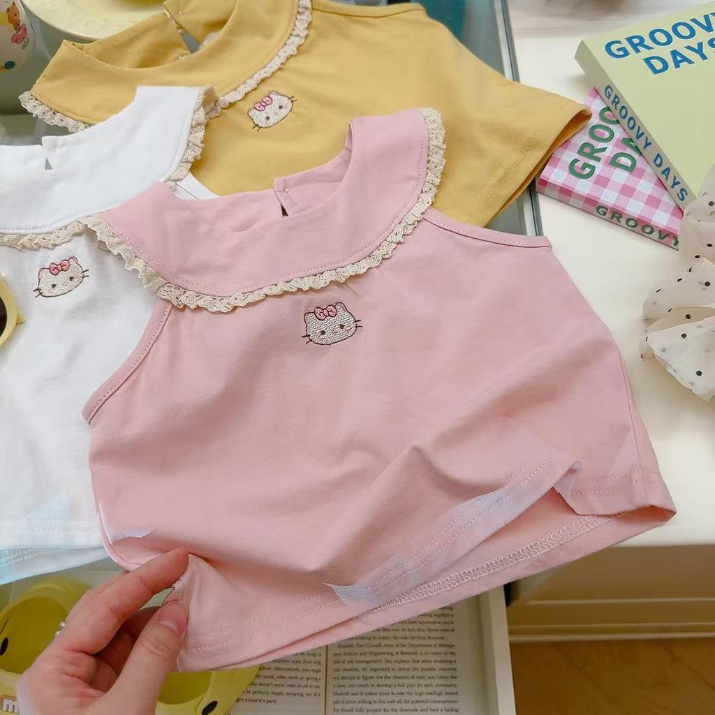 Summer Girls' Embroidered Cat Short Sleeve Pure Cotton Doll Collar Top