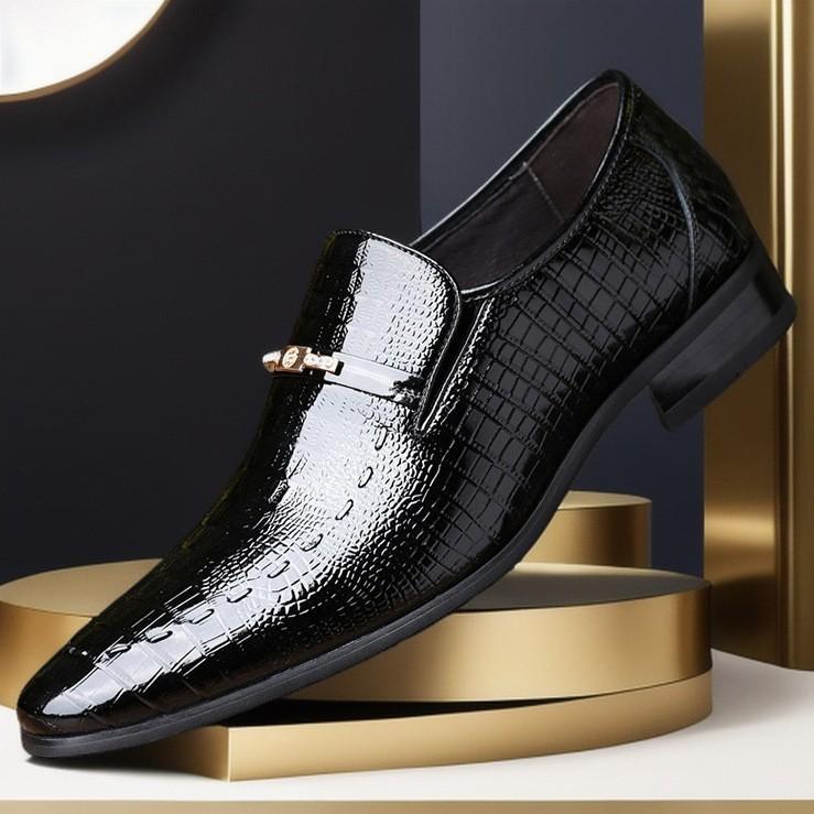 Men'S Croc-Embossed Patent Leather Dress Shoes Wide Width Pointed Toe Slip-On Business Formal Comfort Non-Slip Office Wedding