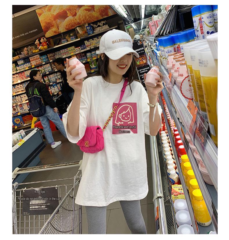 Damen Rosa Bedrucktes Kurzarm Rundhals T-Shirt - Sommer 2024 Koreanischer Stil, Schlicht und Locker geschnitten, Perfekt für Studentinnen.