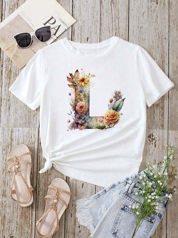 Custom Name Letter Combination Fashion Women T-shirt Floral Letter Font A B C D E F G Short Sleeve Tops White T-shirt