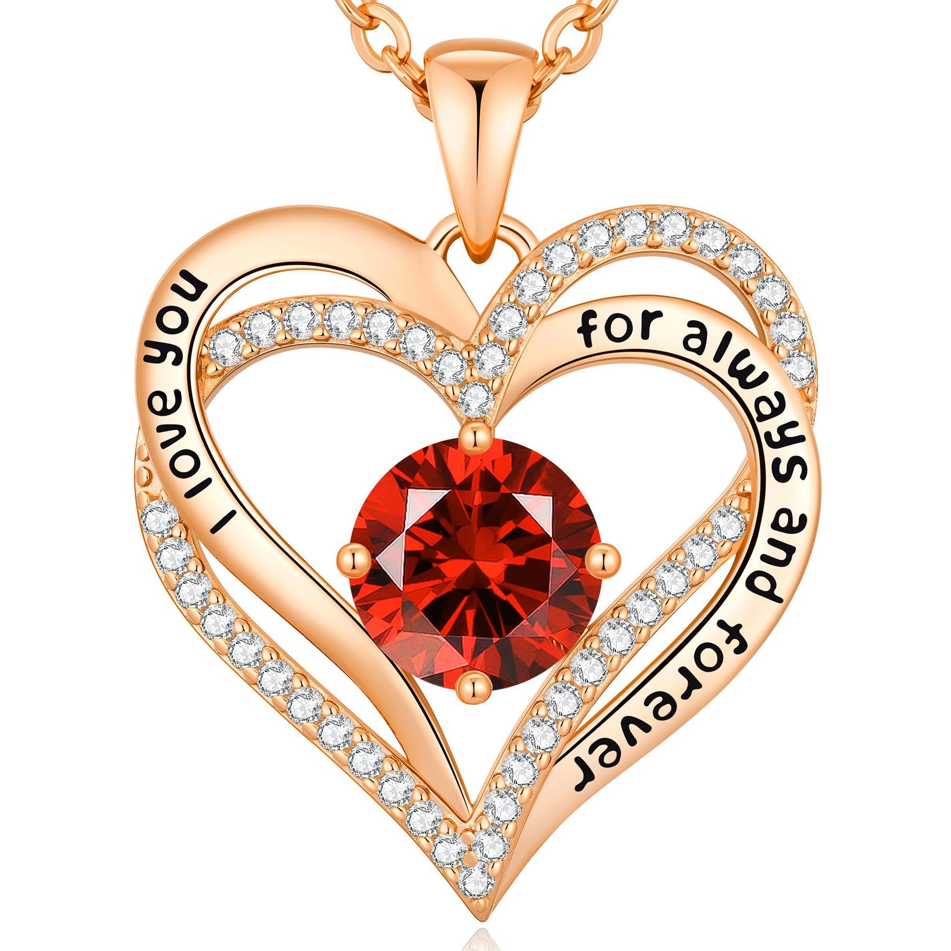 Explosive Double Layer Heart Shaped Micro Inlaid Twelve Birthday Stone Versatile Simple Eternal Heart Necklace Pendant