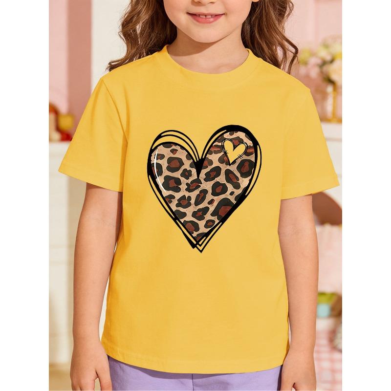 European Sizes Girls' Short Sleeve Leopard Print Heart Graphic T-Shirt, Summer Kids' Round Neck Top