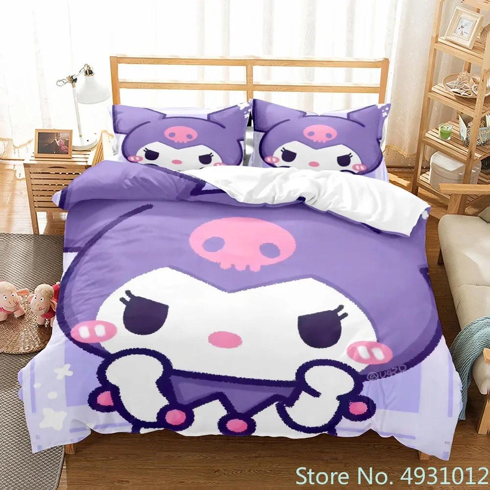 Sanurgente Kuromi Melody Bedding Set Pillowcase Anime Bedclothes Cartoon 3D Printed Kids Adult Boys Quilt Duvet Cover Gift