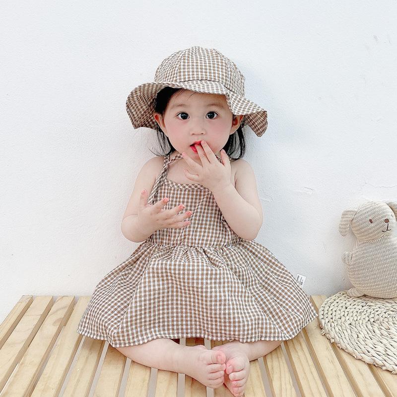 Baby Girl Sleeveless Plaid Romper with Hat Summer Outing Dress