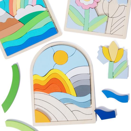 1 szt./3 szt. Zestaw puzzli z drewnianymi kształtami Motyw kwiatów, chmur, wschodu słońca Dopasowywanie kolorów Klocki poznawcze Rozwijanie umiejętności motorycznych Zabawka edukacyjna dla dzieci 3+ lat