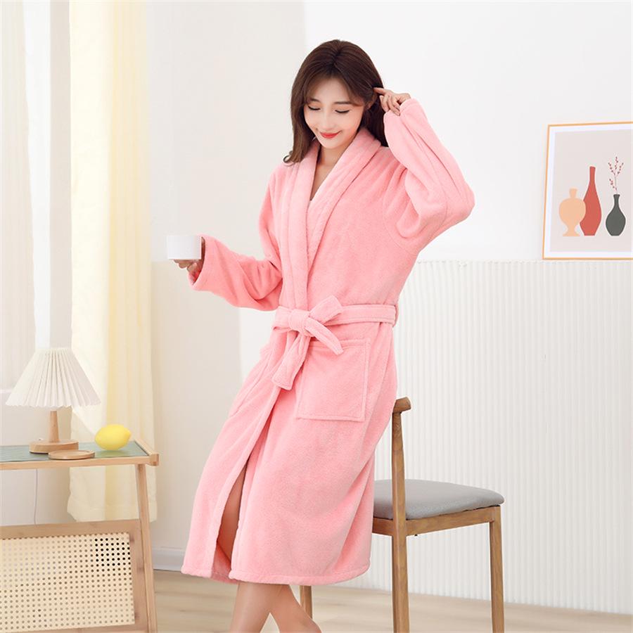 Women's Mid-Length Coral Fleece Yukata: Warm Autumn & Winter Bathrobe with Lapel