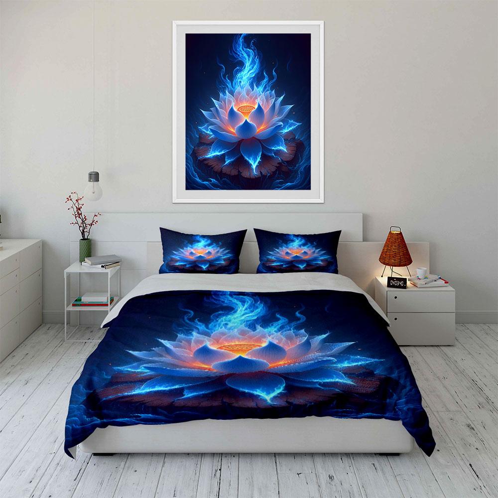 "Glowing Blue Lotus on Wooden Base" Print Bedding Set Duvet Cover Pillowcases (1* Duvet Cover 2* Pillowcases Do Not Include Comforter)