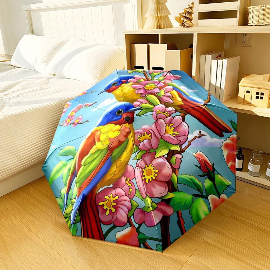 Two Birds Perched On A Rose Bush With Blooming Pink Flowers Automatic Umbrella With Folding Feature Retractable Design With 8 Rib Durability Compact