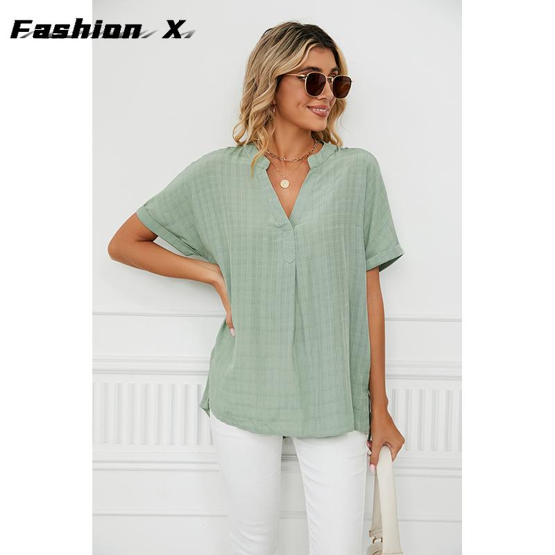 Ladies Fashion T-shirt V-neck Casual Pullover Blouse Women Loose Blouse Tops Women