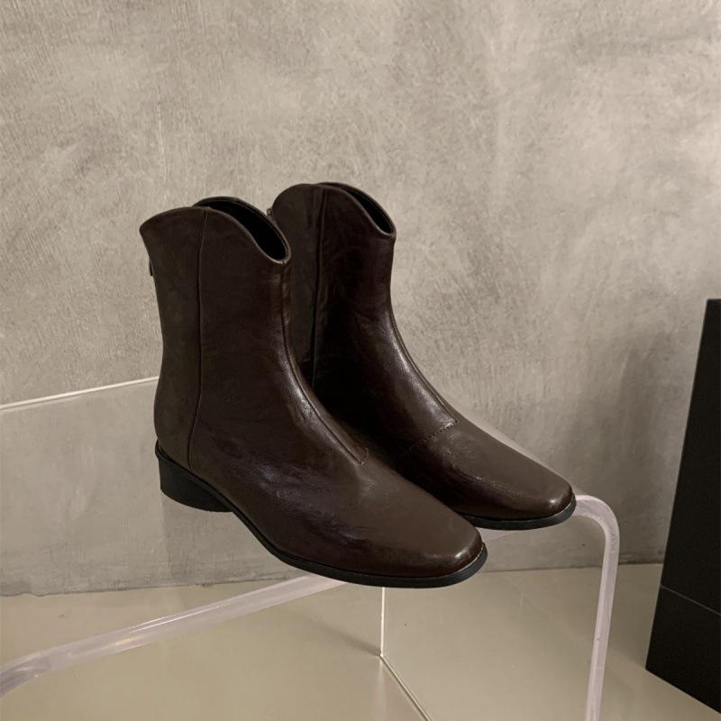 

Maillard коричневые квадратный носок короткие ботильоны женские осень и зима новые французские ретро тонкие V-образный вырез до щиколотки толстый каблук тонкие ботильоны 40 коричневый