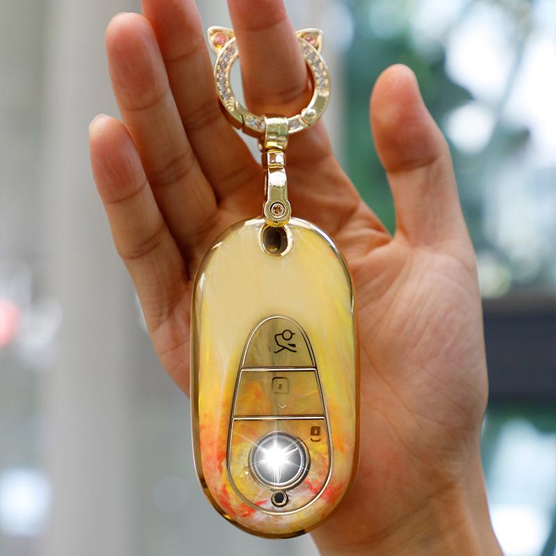 Mercedes-Benz Key Case for C260, LC200L, S400 Maybach, EQE, GLC with Gold Inlaid Jade Shell