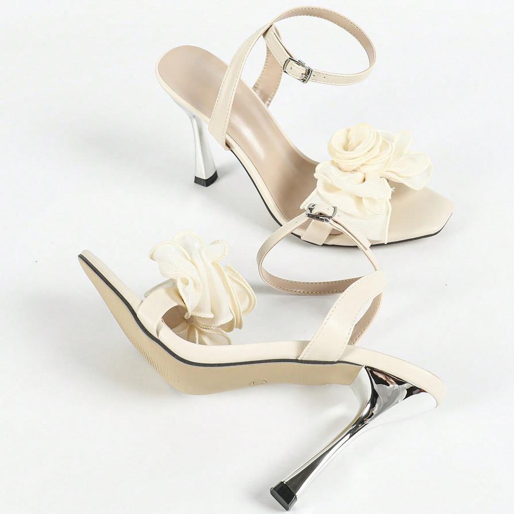 Women's electroplated heel square head three-dimensional flower decorative stiletto sandals women's shoes apricot high heels