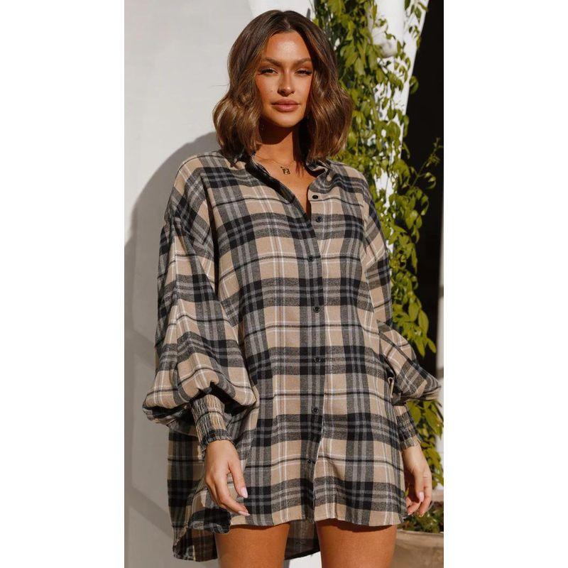 

Casual Fashion European and American College Plaid Lantern Sleeve Long sleeve Shirts Sleeve Long Sleeve Shirt Light brown M