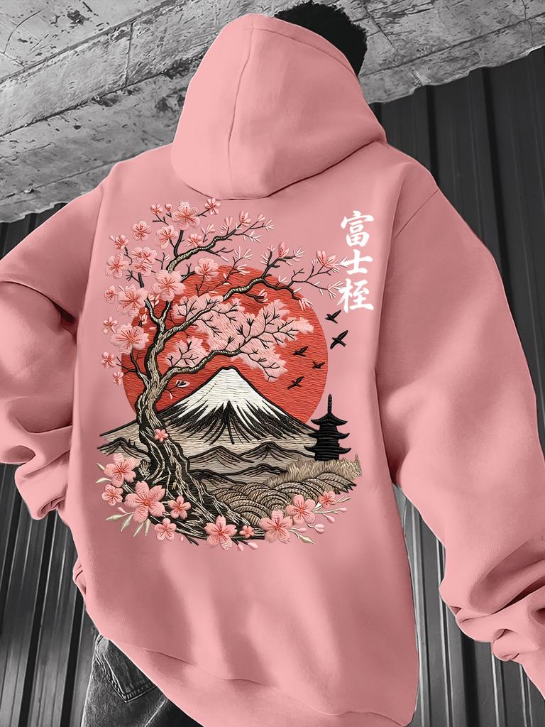Cherry Blossom and Mount Fuji Print Autumn/Winter Warm Japanese Style Hooded Sweatshirt for Men - Trendy Casual