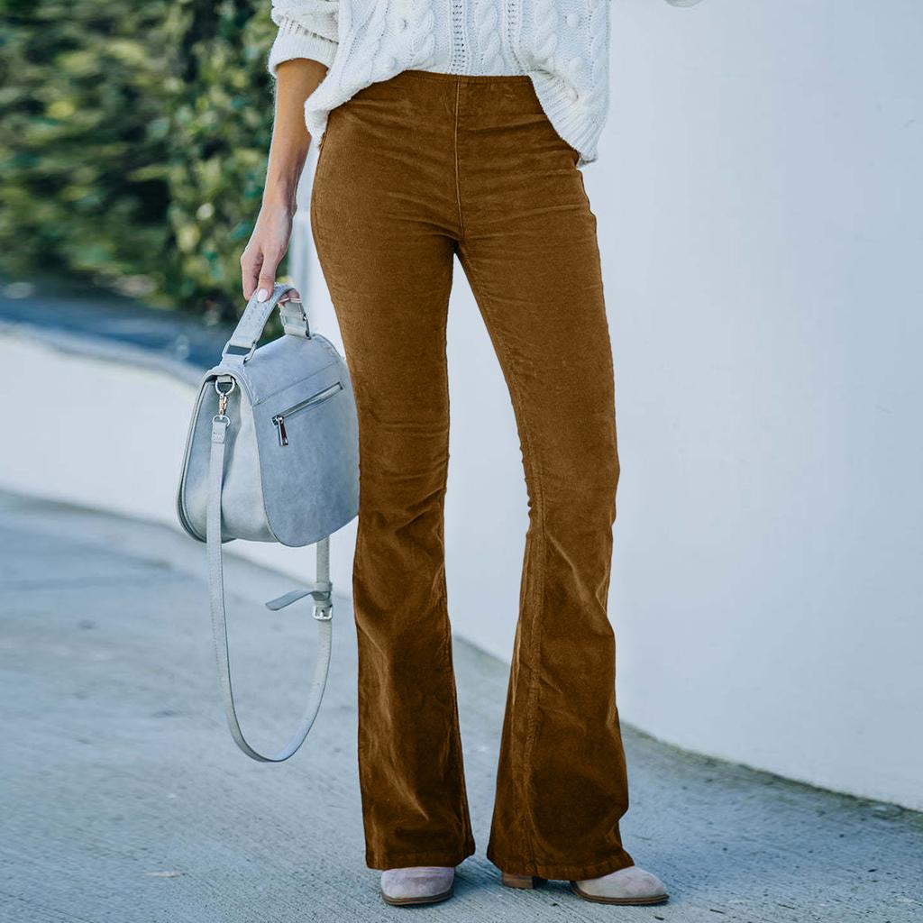 Women's  Color High Waisted Slim Fit Micro Flared Pants With Corduroy Elastic Waist Casual Pants