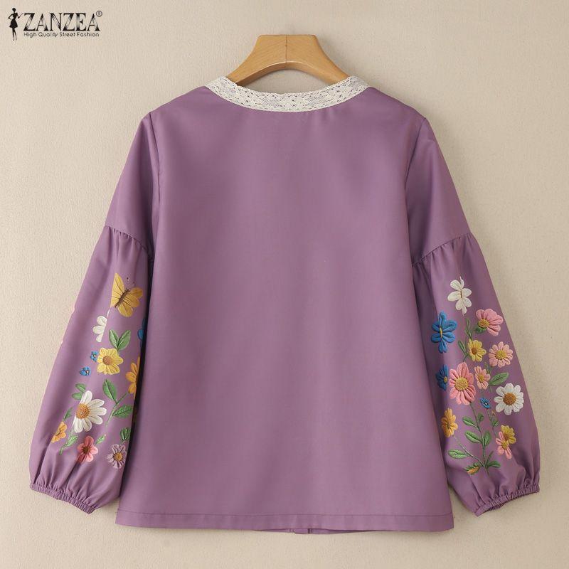 ZANZEA Women Casual Round Neck Loose Floral Print Long Sleeve Blouse