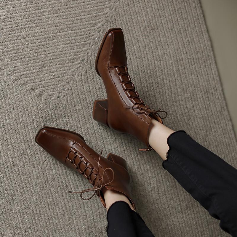 Fashion 2025 Fashion Women Shoes Split Leather Short Boots Square Toe Chunky Boots Winter Shoes Women Solid High Heel Boots for Women